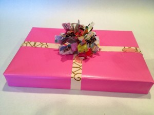 pom pom bow with fabric scraps