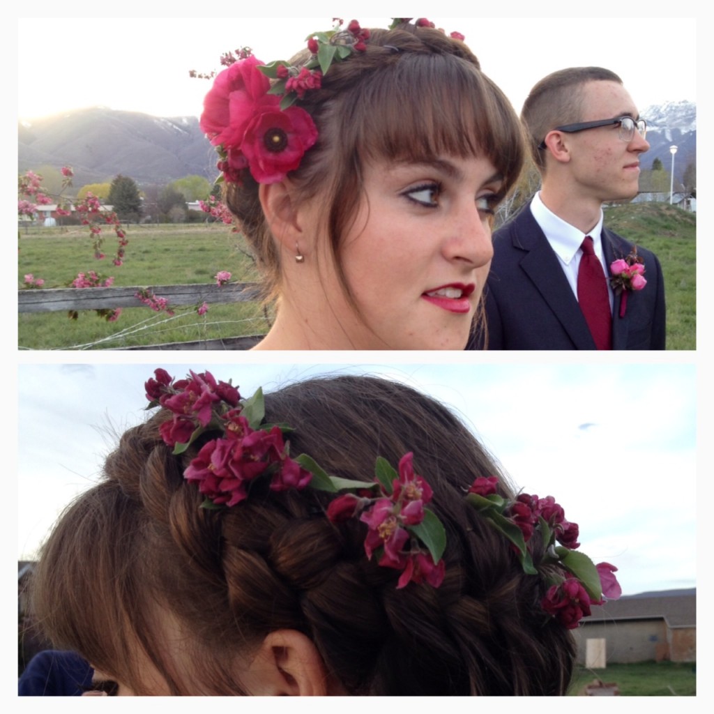 crown braid with apple blossoms